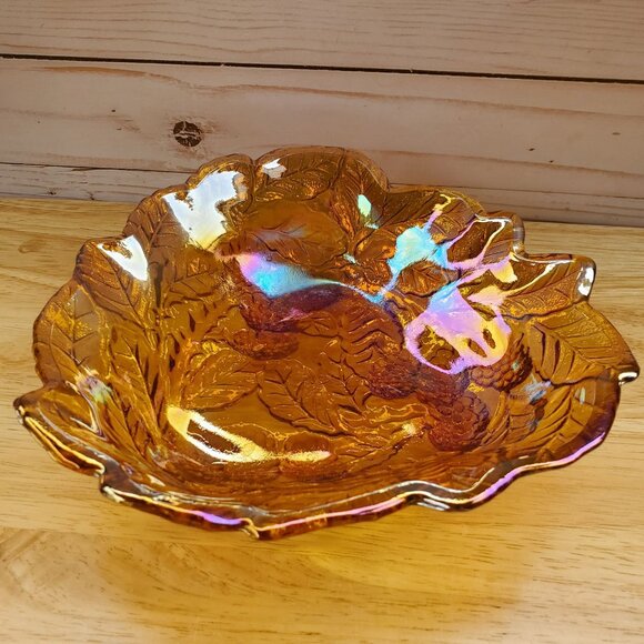 MCM Indiana Glass Loganberry Design Carnival Glass Dish Bowl Amber Iridescent - Picture 3 of 7